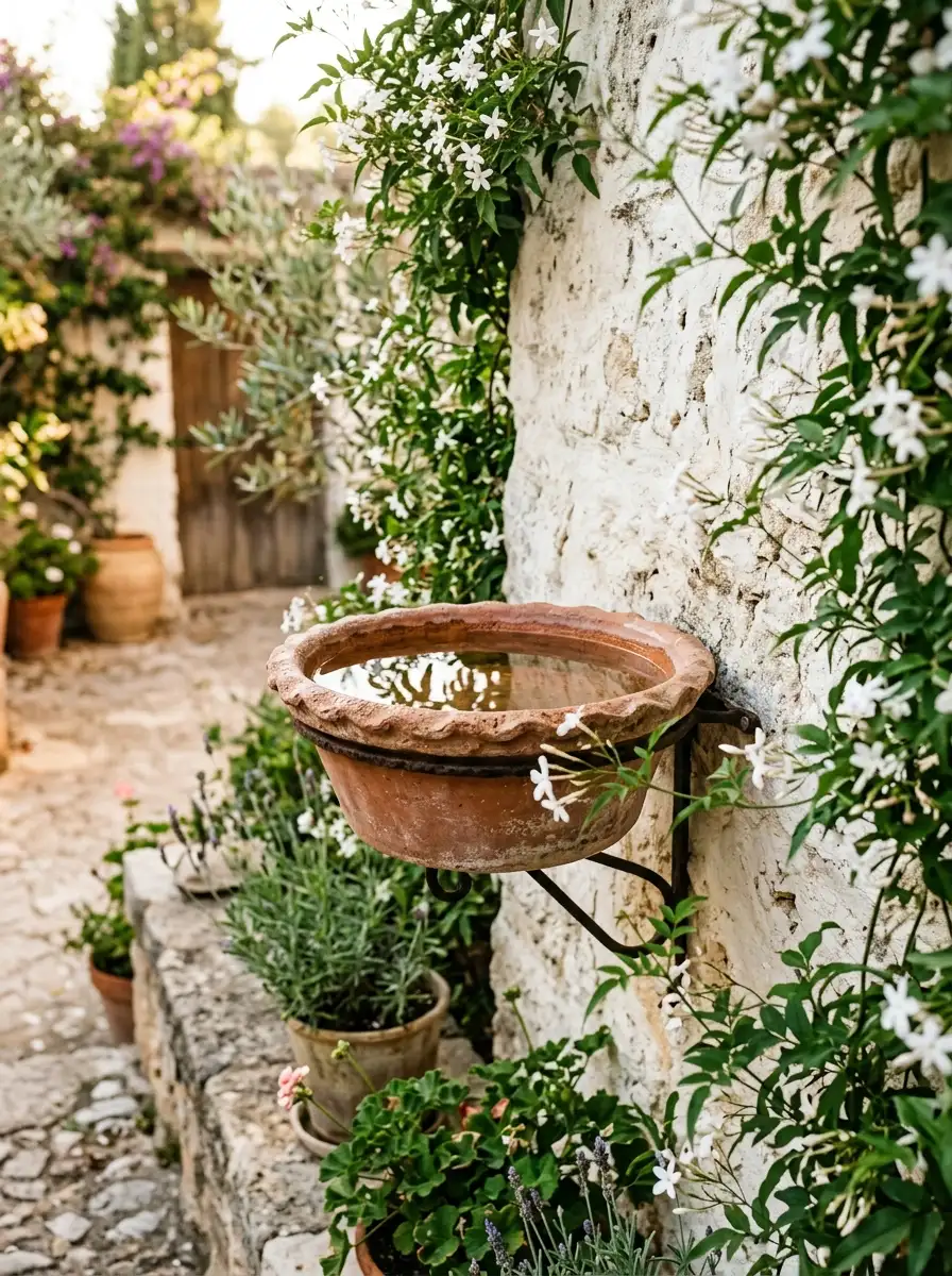 Terracotta wall-mounted bird bath basin on whitewashed stone garden wall framed by climbing jasmine in Mediterranean garden