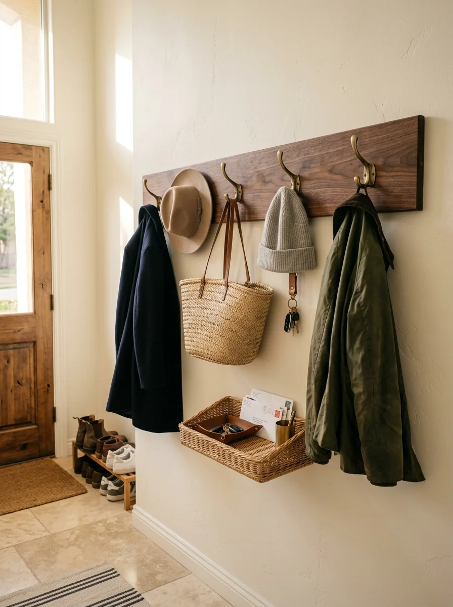 Entryway wall organizer featuring wood hooks, coats, hat, woven basket, key holder, and storage tray below.
