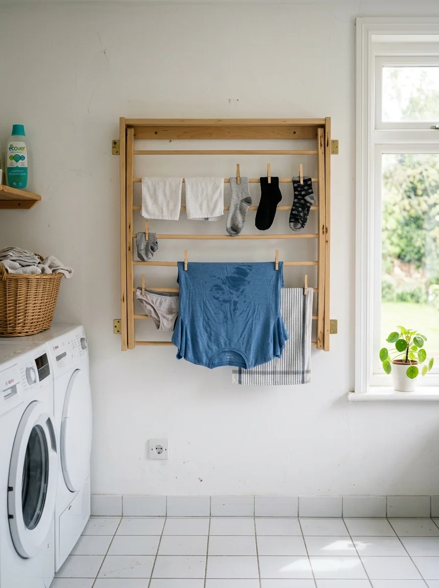 Fold-down wooden drying rack with hanging clothes mounted on white laundry room wall — tiny laundry room makeover