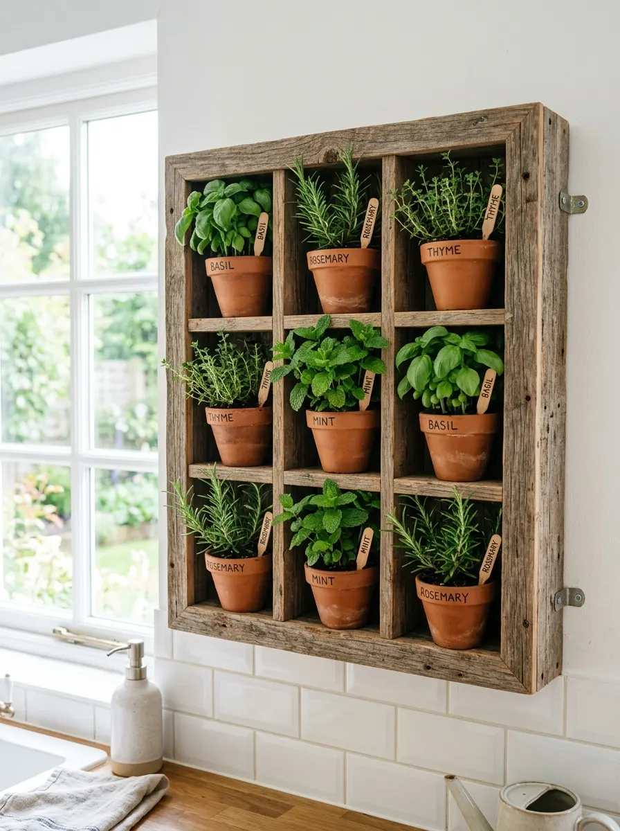 Rustic wall shelf with potted basil, mint, rosemary, and thyme arranged above a kitchen countertop near a window.