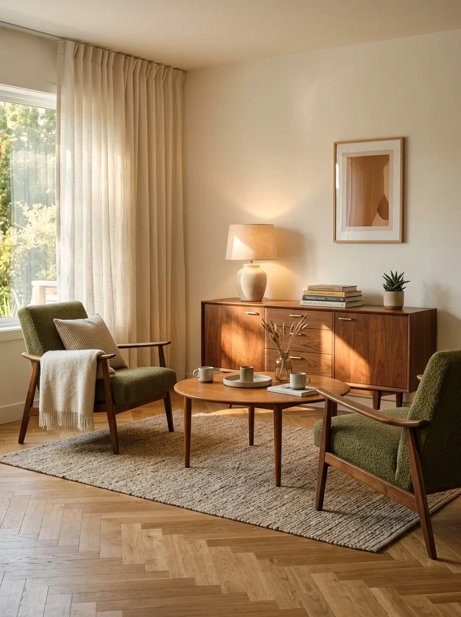 Scandinavian-inspired sitting area with walnut credenza, green accent chairs, round table, and neutral textiles.