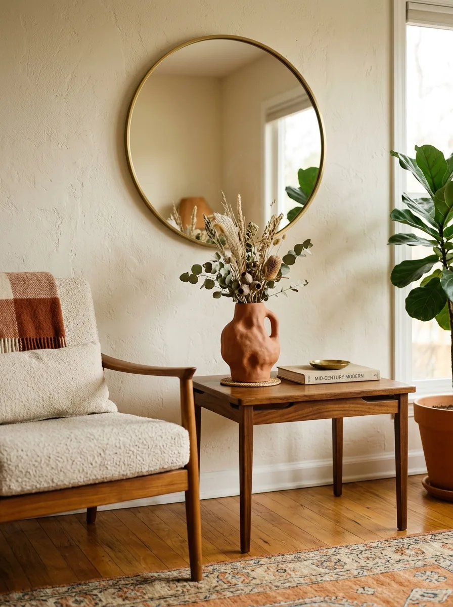 Walnut side table styled with textured ceramic vase beneath round mirror beside upholstered accent chair.