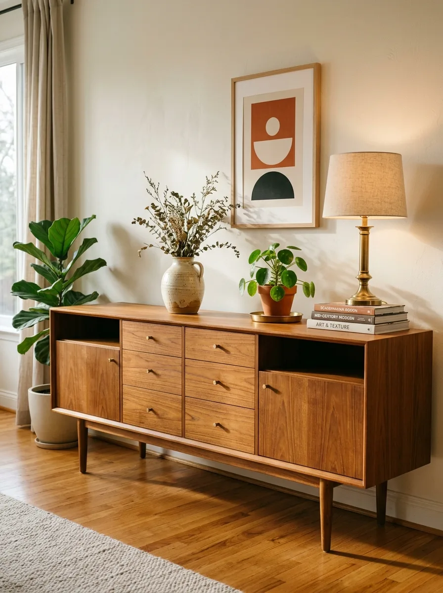Walnut sideboard topped with lamp, plants, ceramics, and framed artwork in a bright living space.