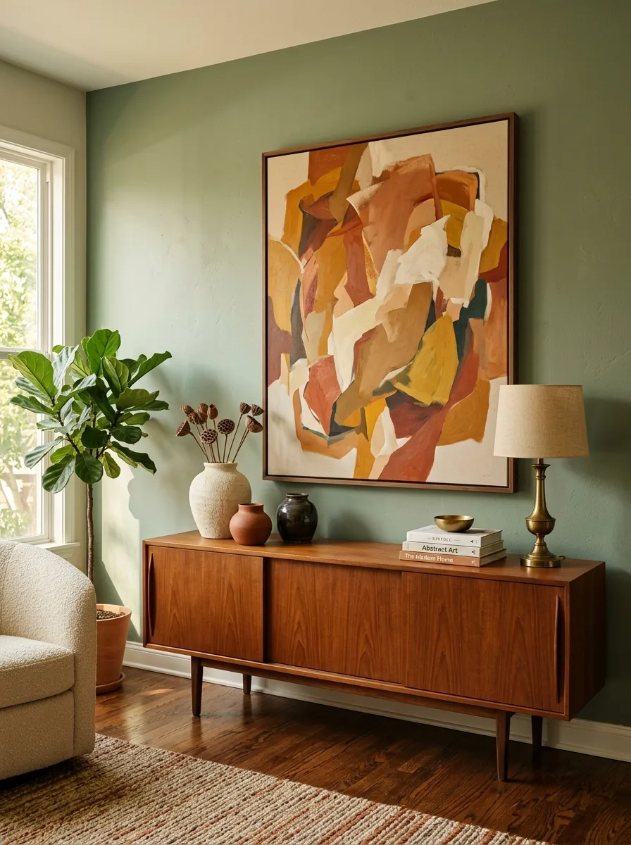 Walnut sideboard beneath abstract wall art with decorative ceramics, fiddle leaf fig, and soft natural lighting.