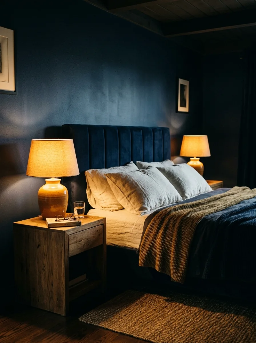17 Dark Elegant Bedroom Ideas That Feel Cozy, Not Heavy 1 Dark bedroom with navy walls and warm amber bedside lamps on oak nightstands creating a cozy, intimate glow