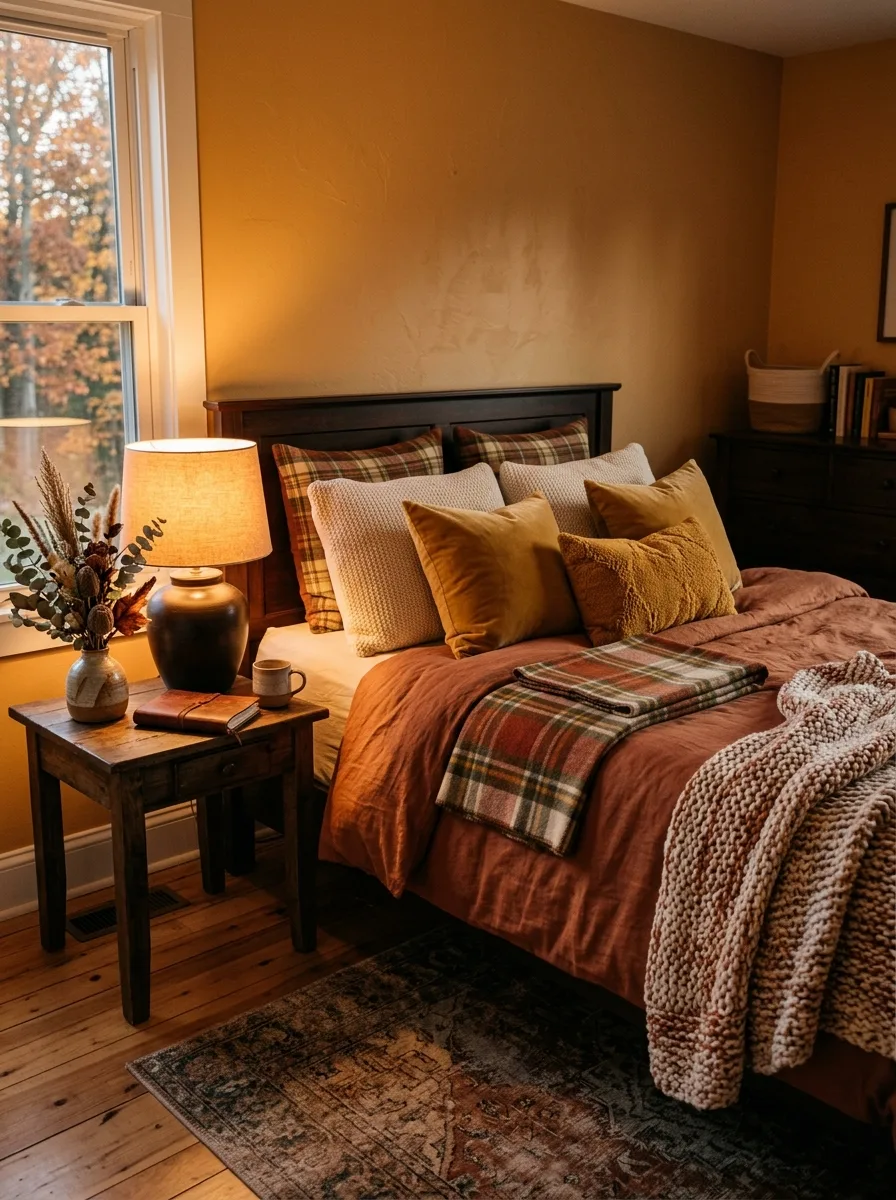 Bedroom styled with rust-toned bedding, plaid blanket, knit throw, table lamp, and warm wood furnishings.