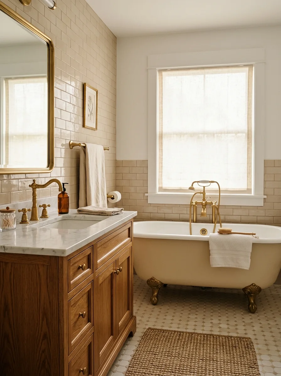 Polished brass towel bar and faucet in a beige and brown bathroom with cream freestanding tub