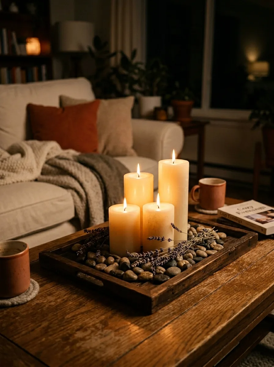 Wood coffee table styled with pillar candles, pebbles, dried lavender, and cozy neutral living room seating.