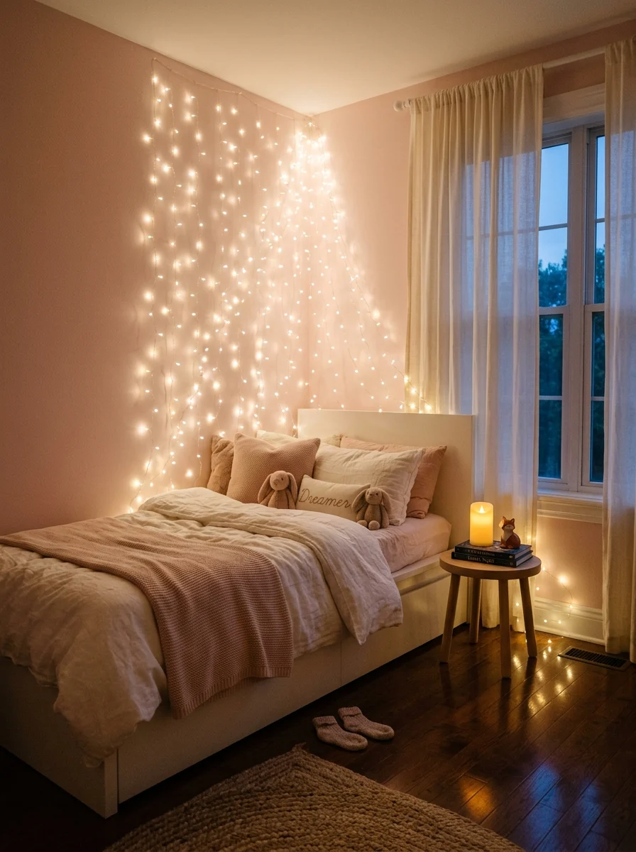 Warm white fairy lights draped in curtain style against blush wall behind a white bed in a kids bedroom
