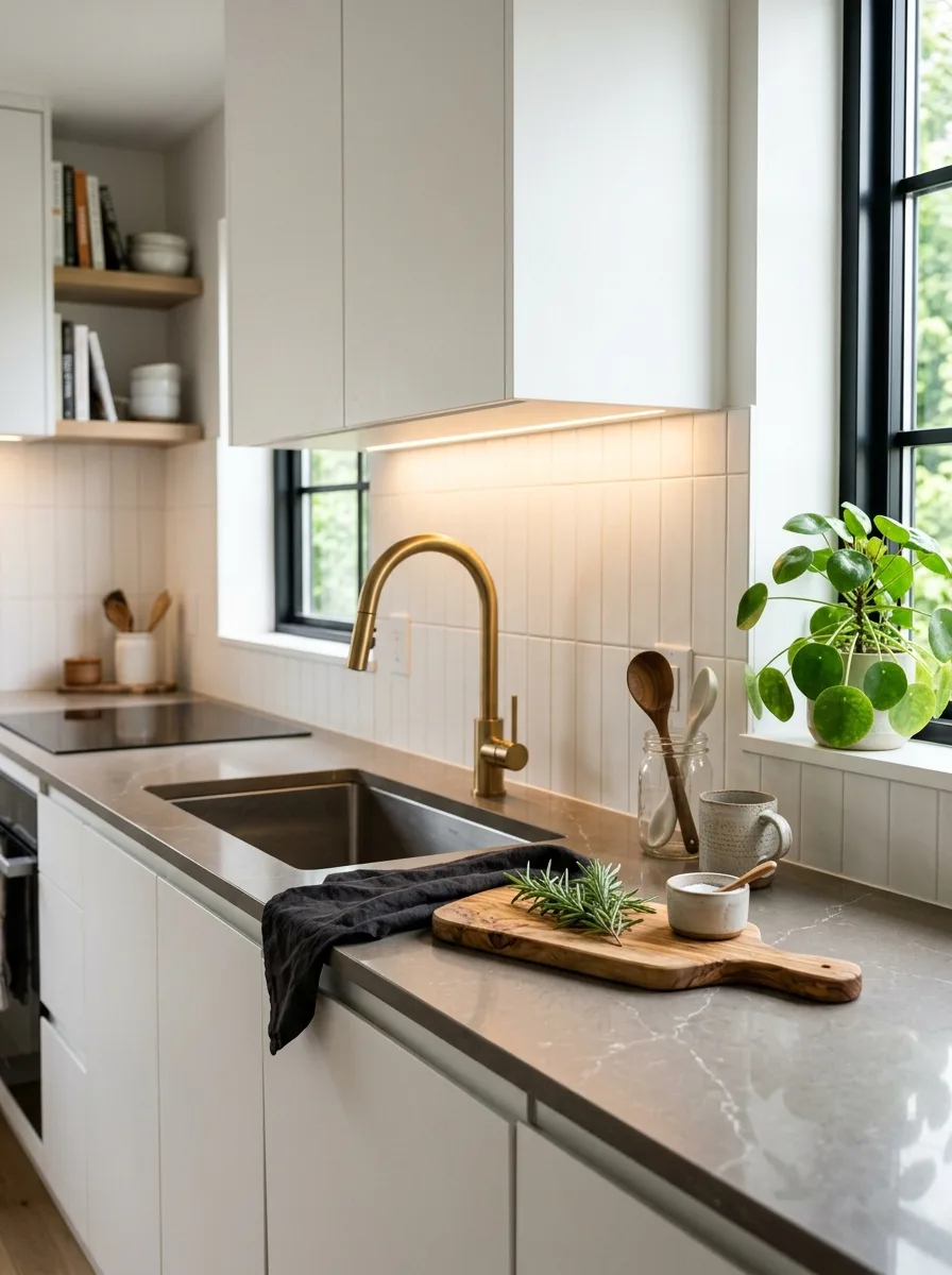 Warm grey quartz countertop with white veining and brushed gold faucet in modern kitchen