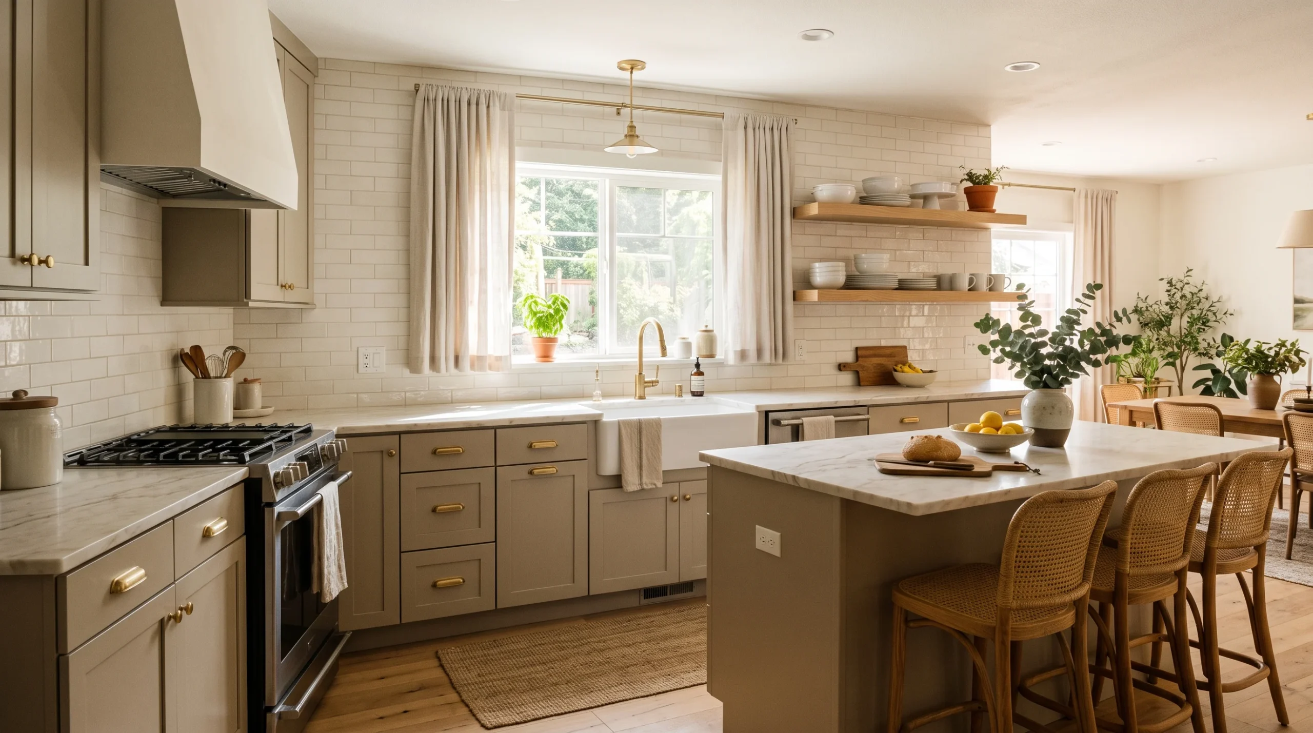 Bright greige kitchen with oak shelves and brass hardware showcasing warm neutral kitchen color ideas