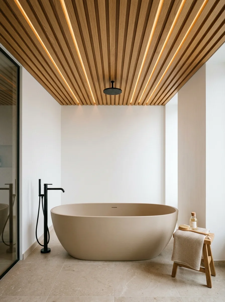 Oak wooden ceiling slats above a beige soaking tub in a warm bathroom color ideas Scandinavian inspired design