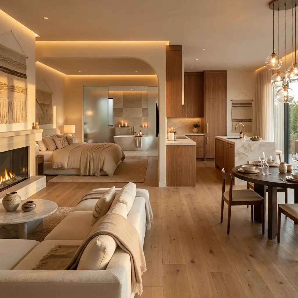 Warm Open Concept Bedroom and Kitchen with Modern Fireplace