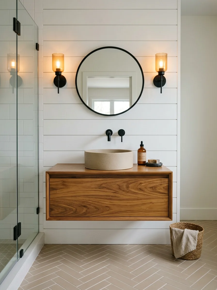 Floating walnut vanity with beige vessel sink in a neutral bathroom ideas setting with warm amber lighting
