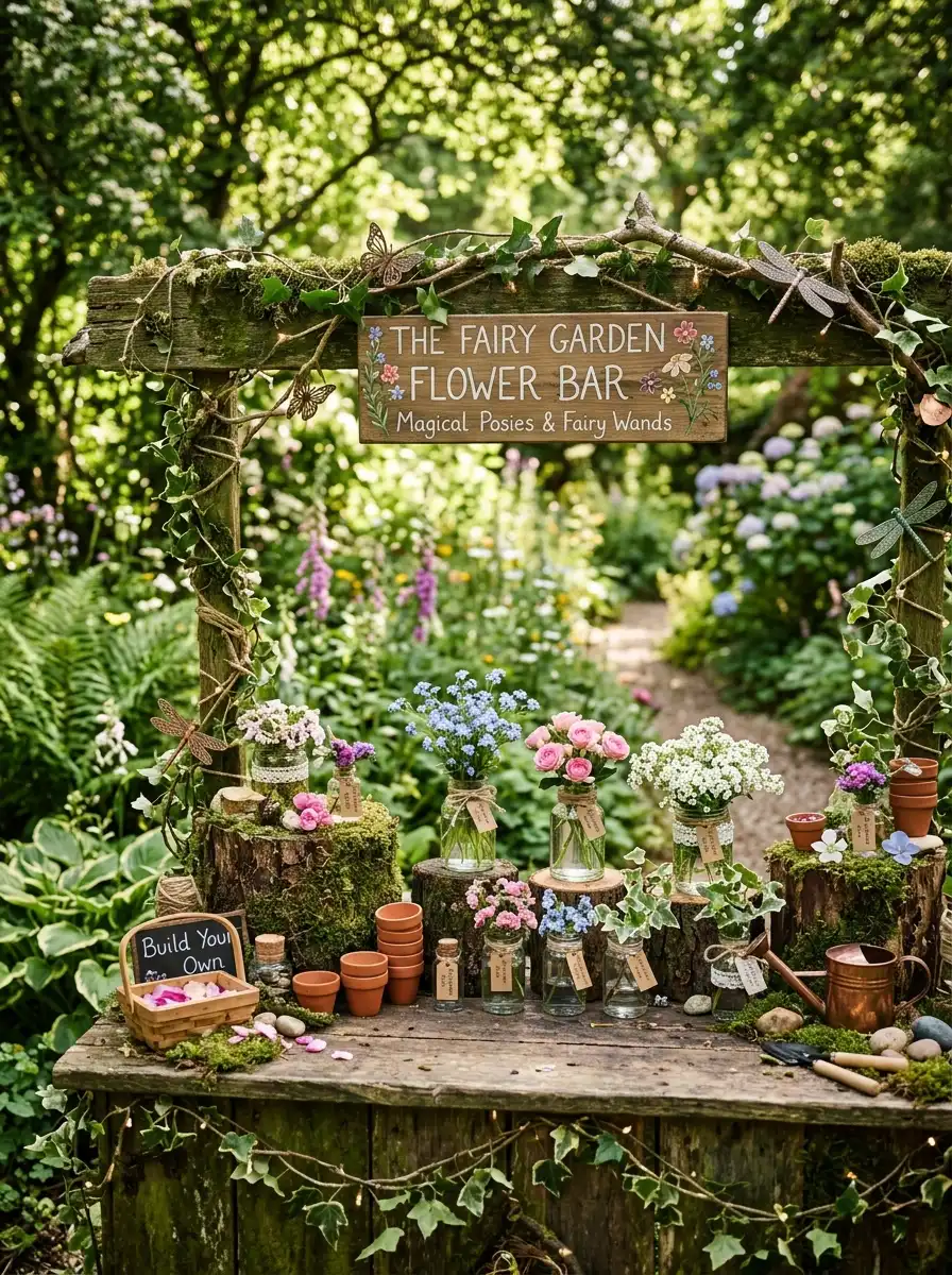 Whimsical bloom bar ideas with forget-me-nots and mini roses in moss-covered stumps and miniature terracotta pots