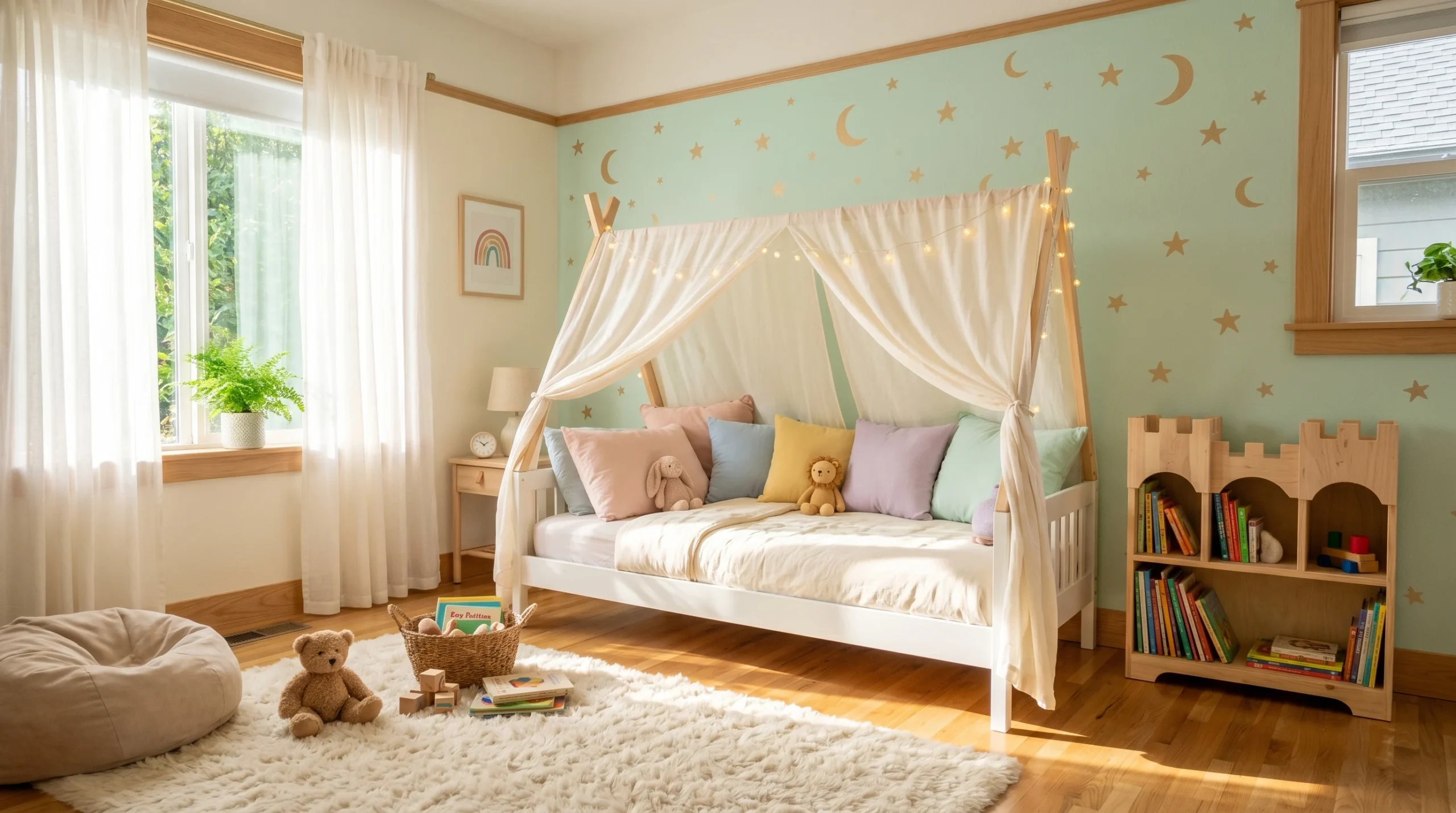 19 Whimsical Kids Bedroom Ideas You'll Want to Read Before You Decorate 22 sun-lit whimsical kids bedroom ideas setup with mint green walls, gold star accents, and linen canopy bed