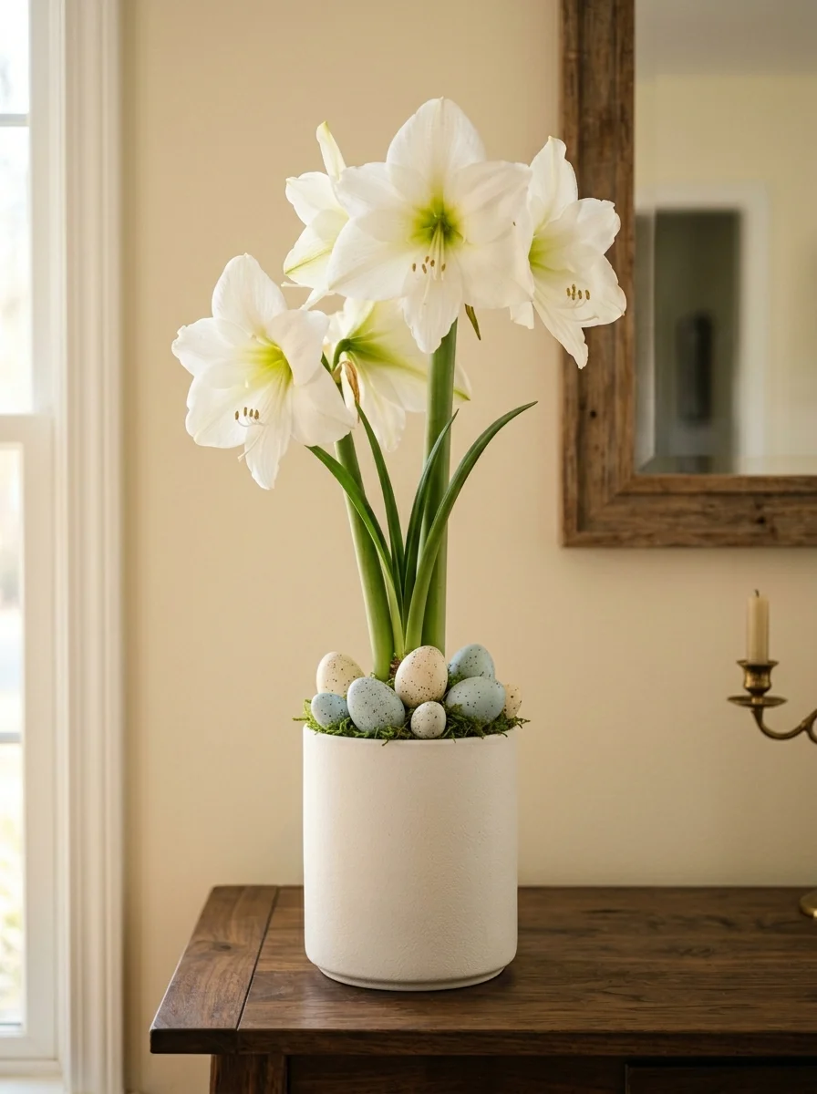 Blooming white amaryllis in a minimalist planter accented with speckled pastel eggs and moss on a wooden table.