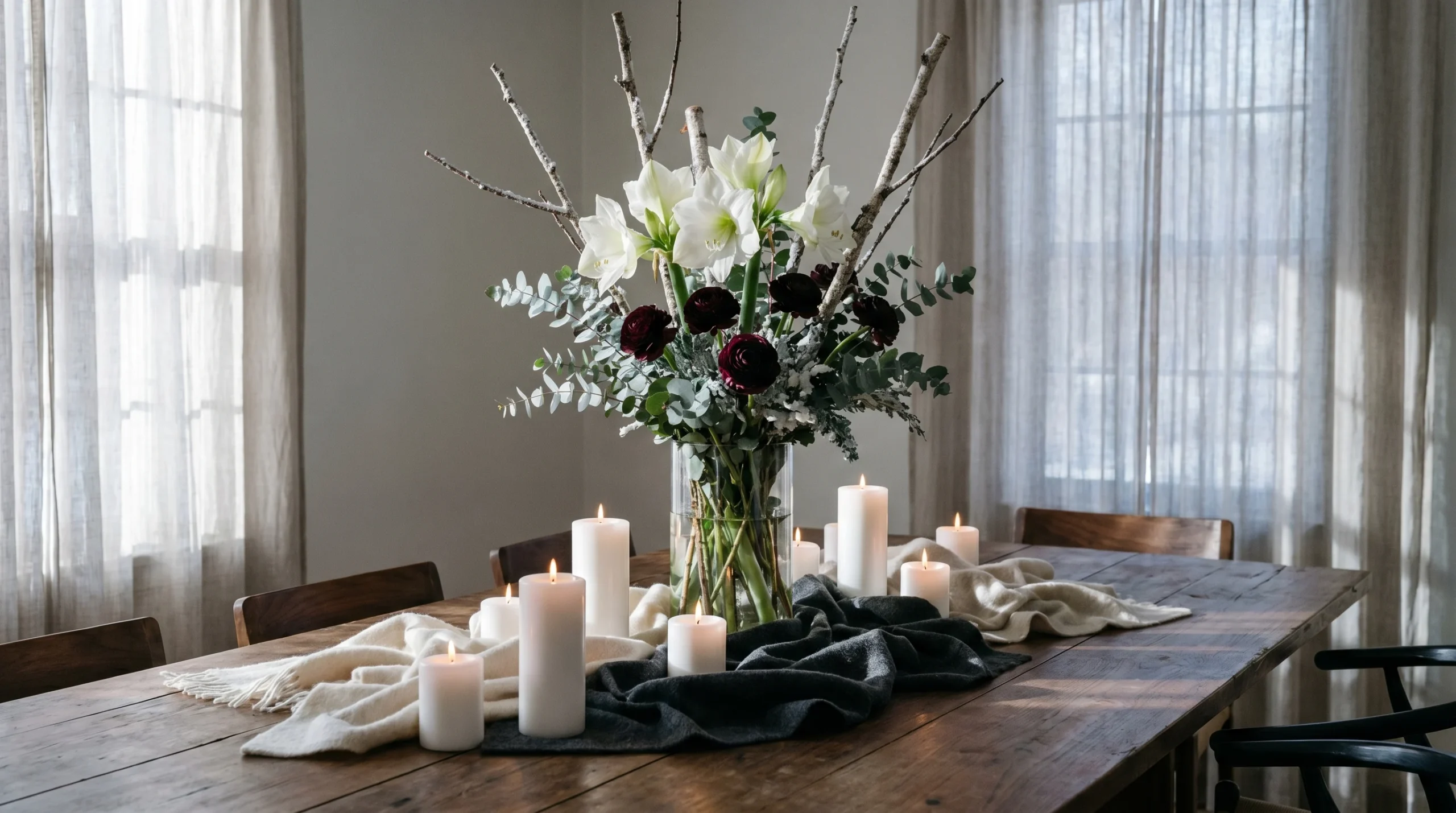Large white amaryllis arrangement with eucalyptus and branches, styled with pillar candles on a rustic wood dining table.