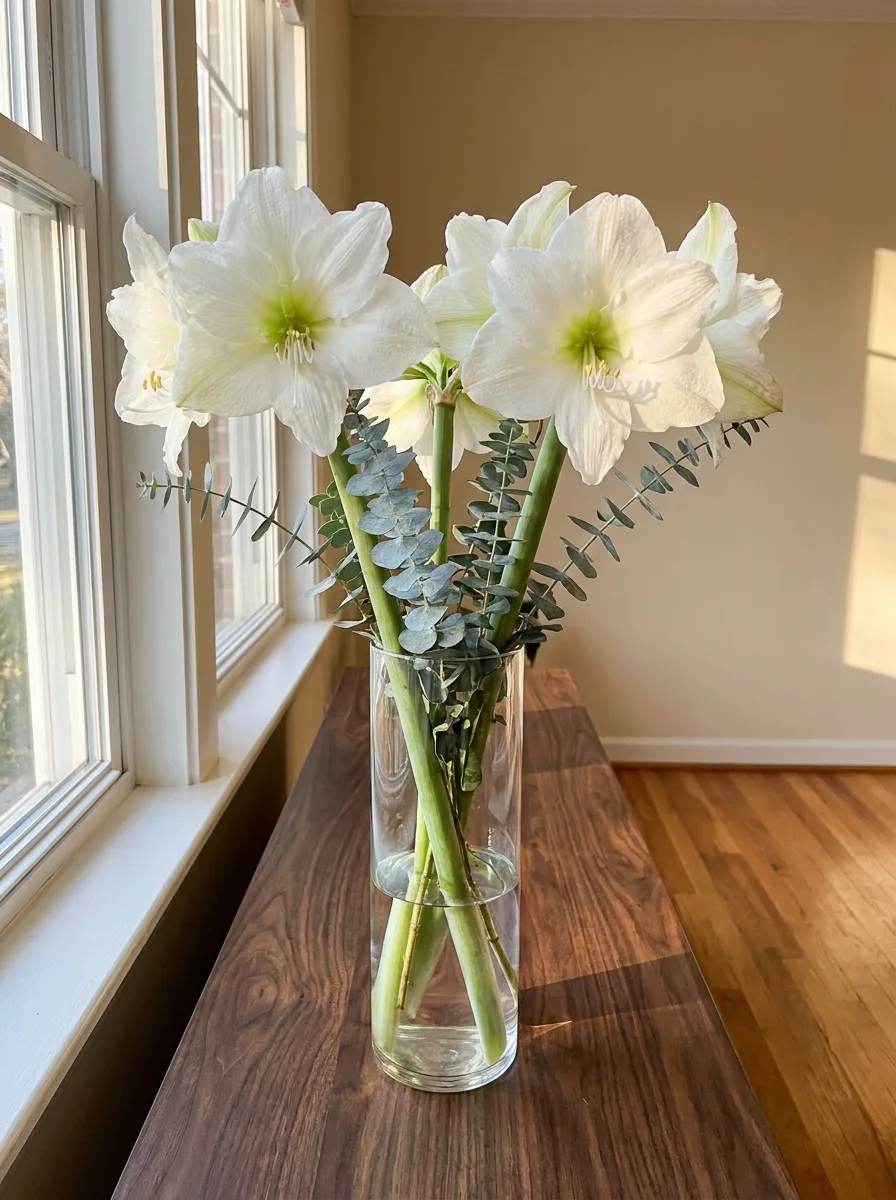 White amaryllis flowers and eucalyptus stems arranged in a clear cylinder vase beside a sunlit window.
