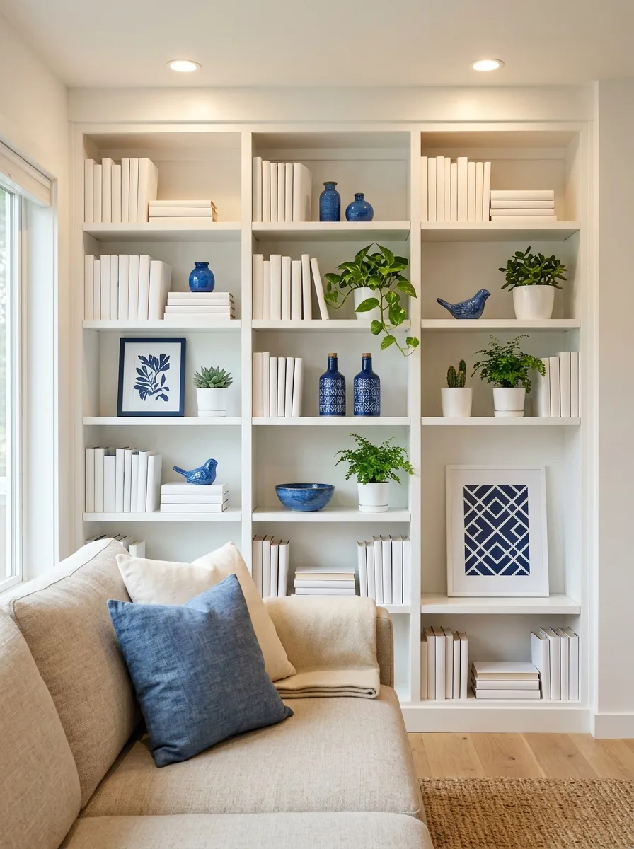 White built in bookshelf styled with blue ceramics and white books in a blue white room decor scheme
