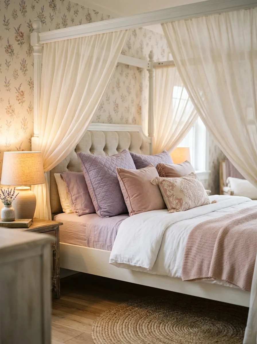 Ultrarealistic white canopy bed with sheer ivory draping in a cozy kids bedroom with lavender pillows