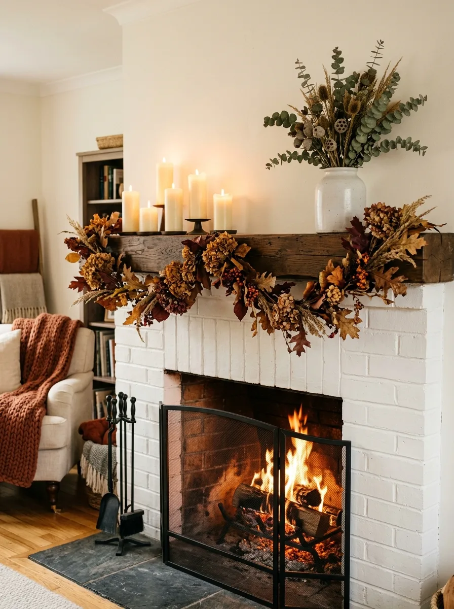 White brick fireplace styled with candles, dried florals, autumn garland, textured throws, and seasonal accents.