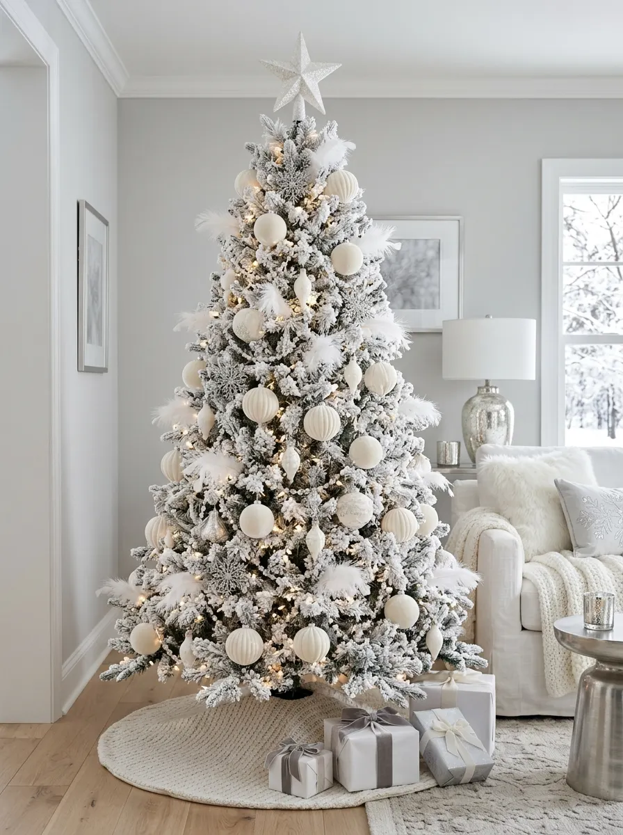 Snowy Christmas tree decorated with white ornaments and feather accents, styled in a bright neutral living room.
