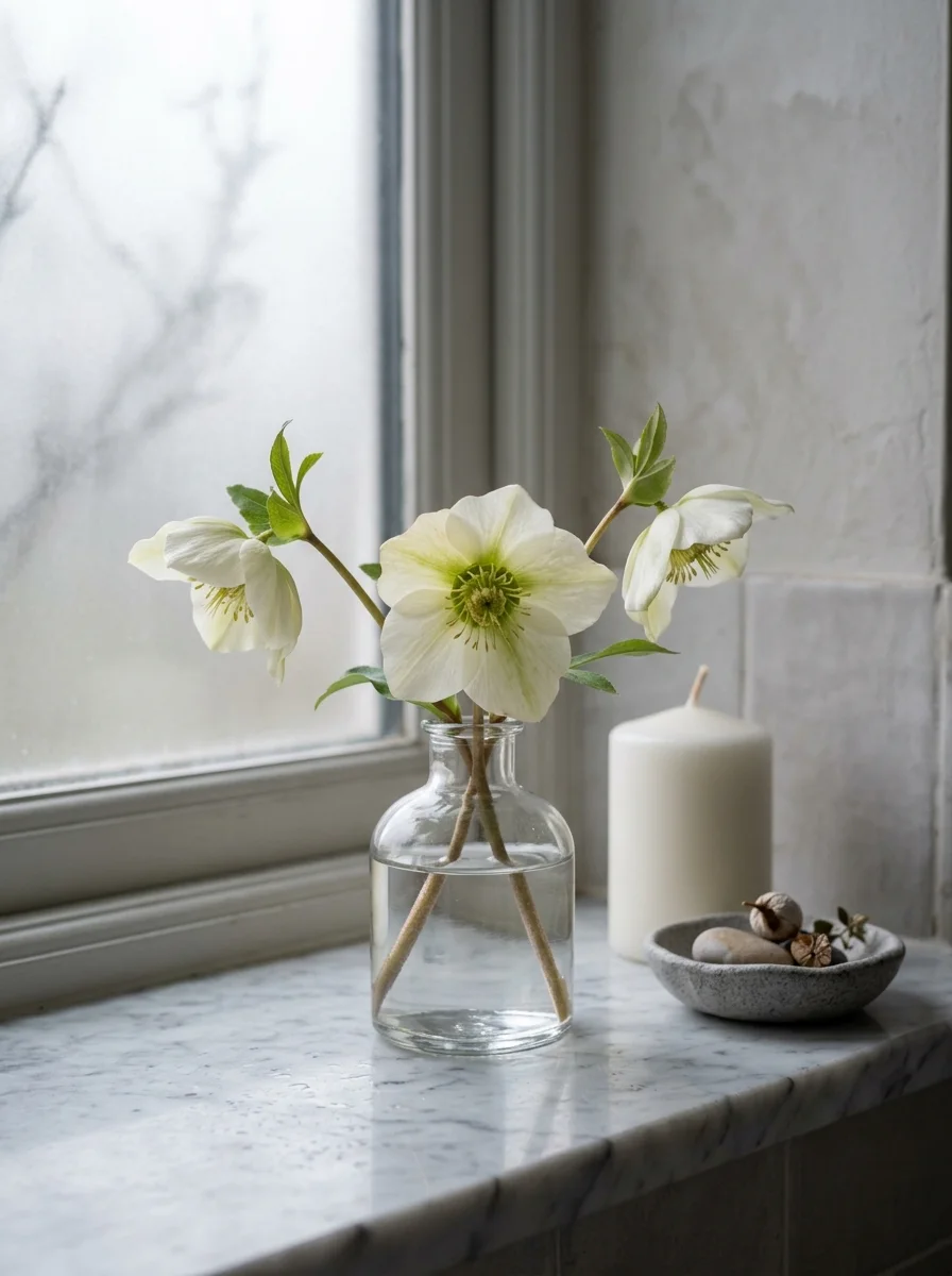 Minimal floral arrangement featuring white hellebore blooms in a glass bottle on a marble windowsill.