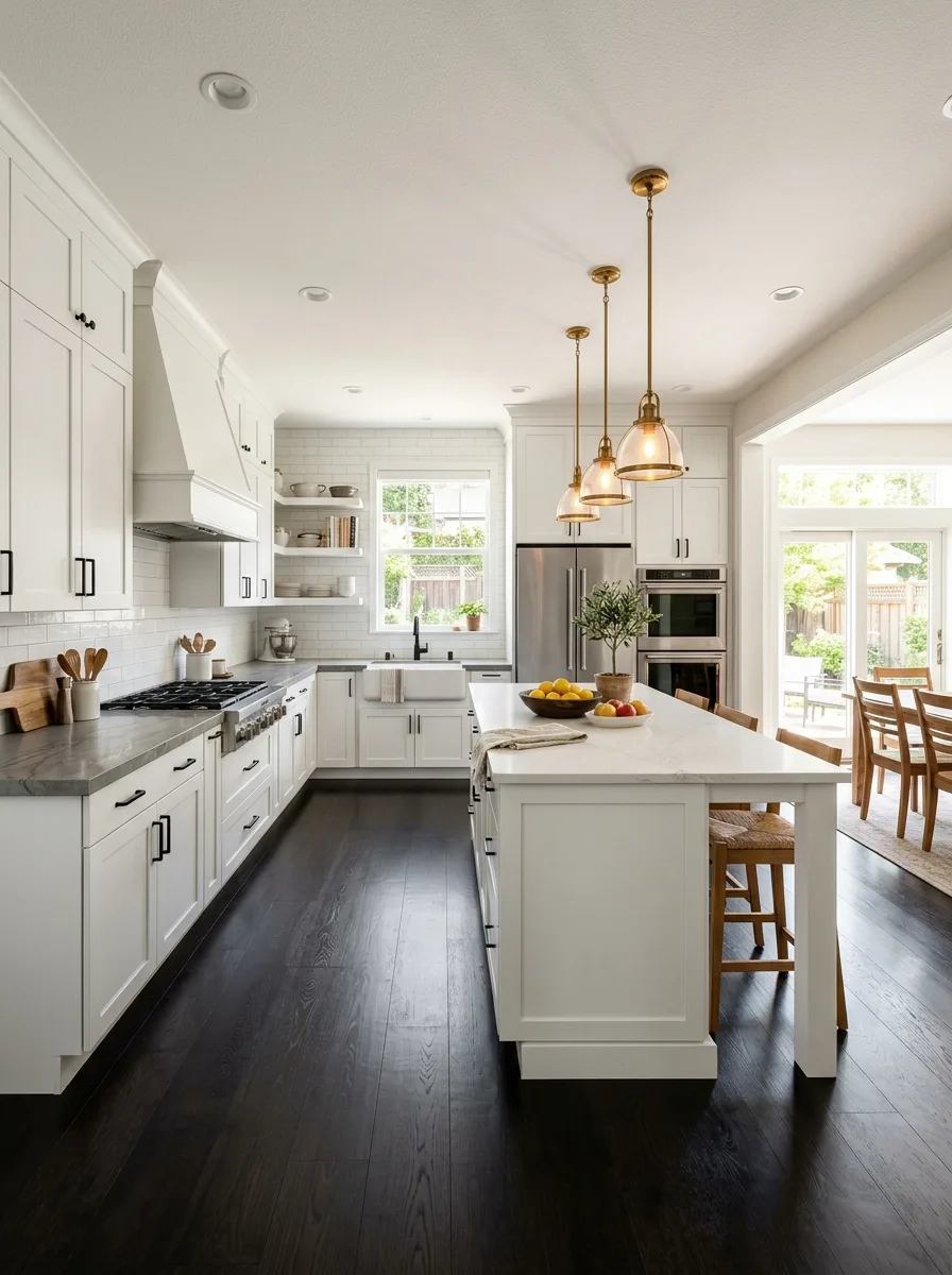 White shaker kitchen cabinets over dark ebony floors high contrast kitchen color ideas