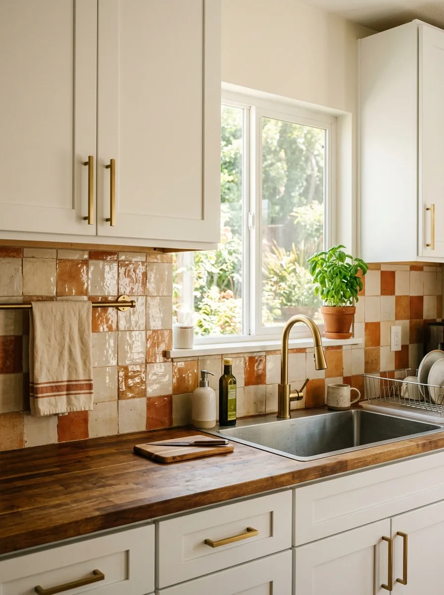 Bright kitchen with white cabinets, terracotta checkerboard backsplash, wood counters, and brass kitchen faucet.