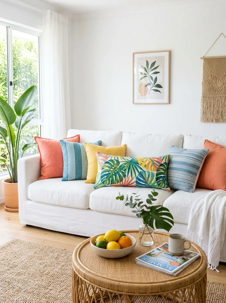 Bright living room featuring a white linen sofa, tropical print cushions, rattan coffee table, and indoor greenery.