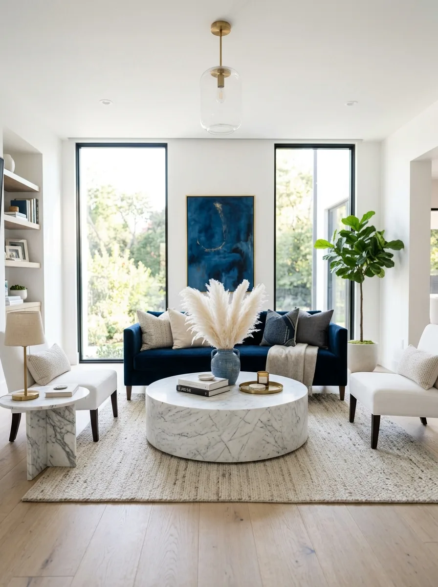 Round white Carrara marble coffee table styled in a navy and white living room ideas layout
