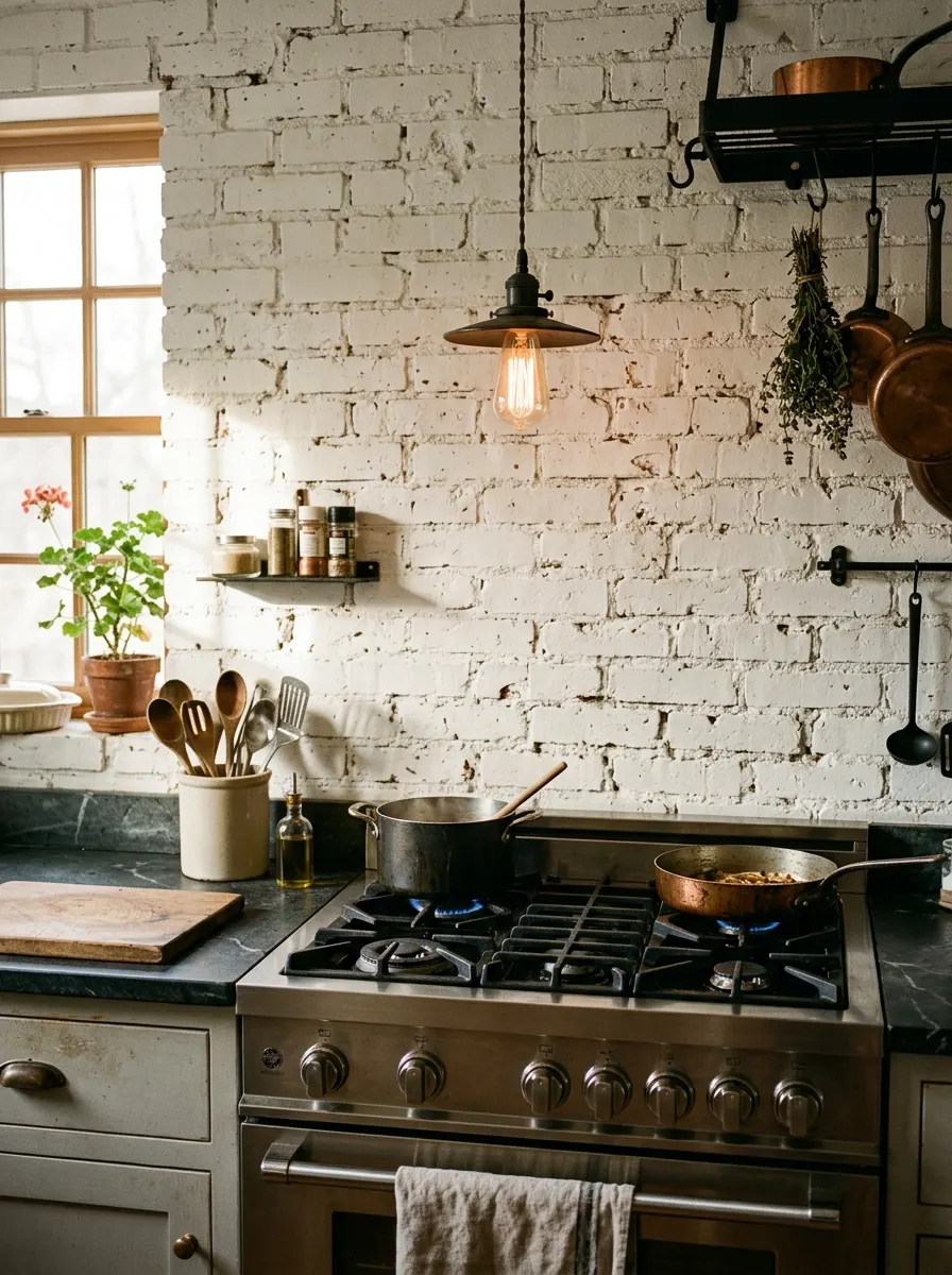 White painted exposed brick kitchen backsplash with soapstone counters and iron hardware