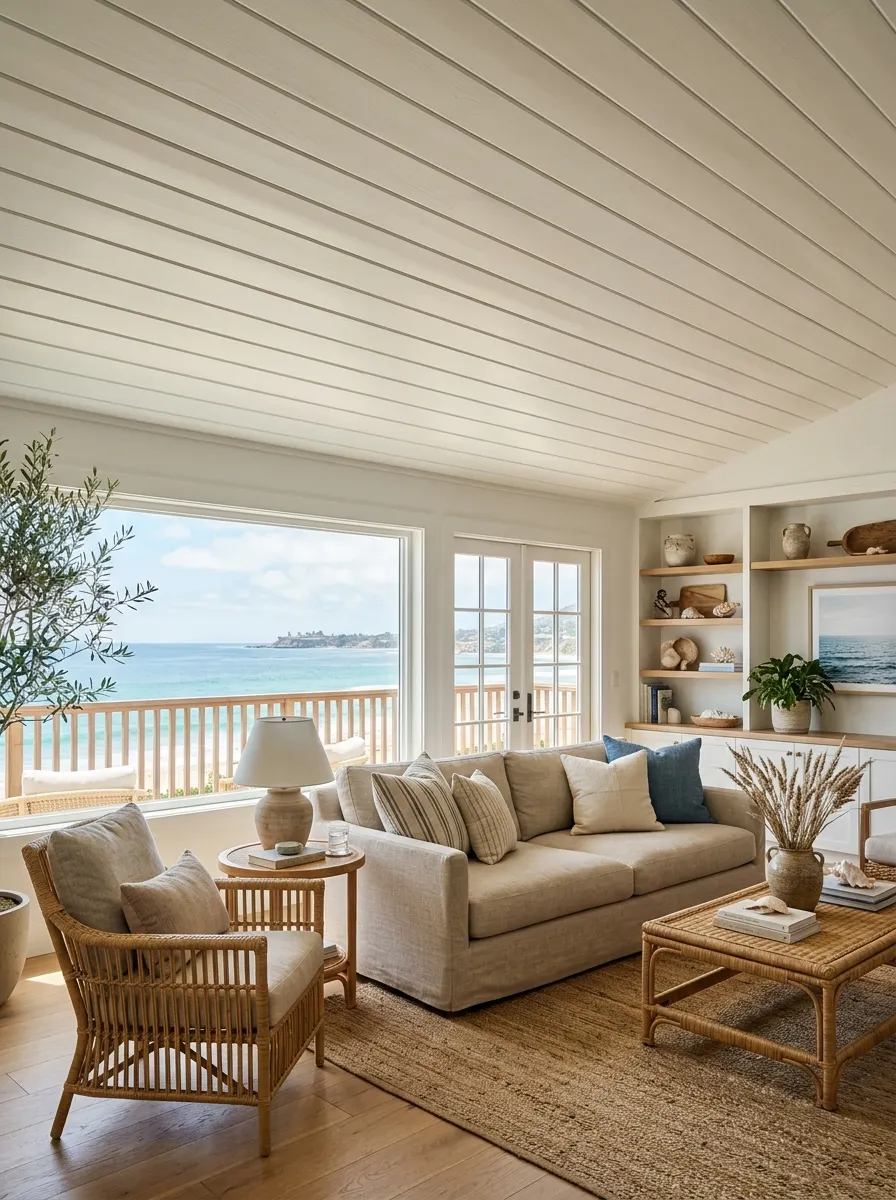 Bright coastal living room with a white painted shiplap ceiling showing popular ceiling design ideas with natural texture