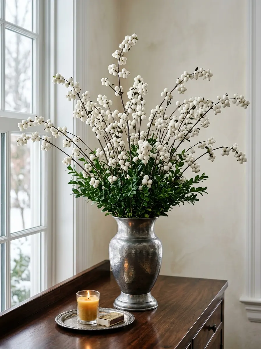 Silver-toned vase filled with white snowberry branches and greenery on a wooden console beside a candle.