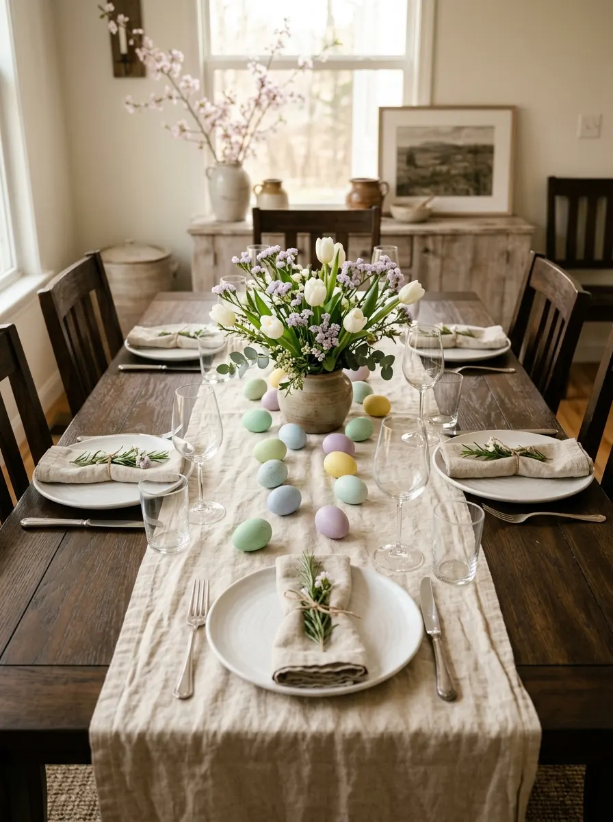 Dark wood dining table styled with white tulips, linen runner and pastel eggs arranged along the center.