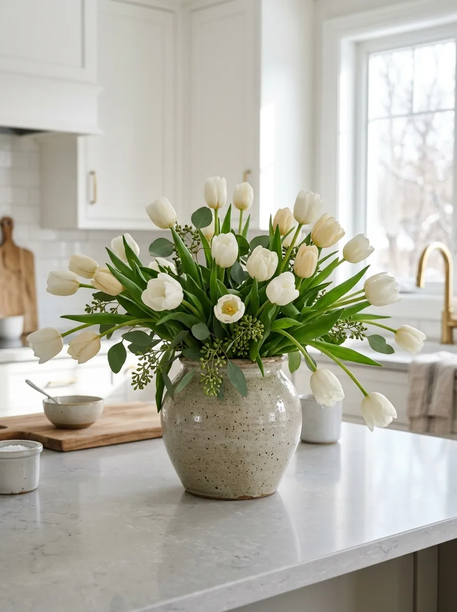 White tulip bouquet arranged in a speckled stoneware vase on a light kitchen island with natural daylight.
