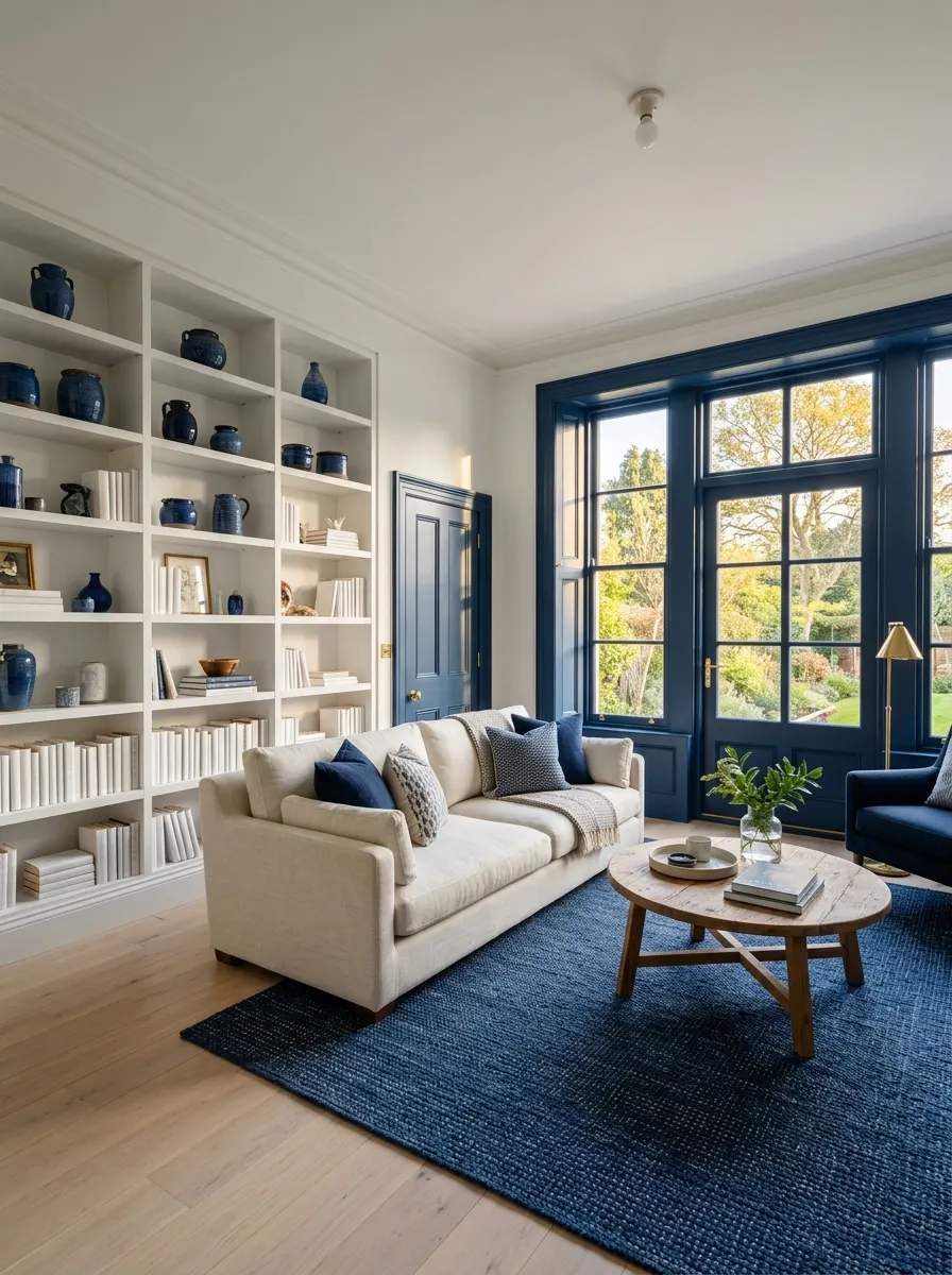 Living room with white walls and navy blue trim moldings for a crisp blue white room decor look