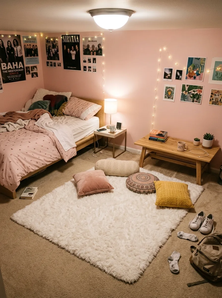 Thick white shag rug centered on a bedroom floor between a bed and low wooden coffee table in a soft pink teen room