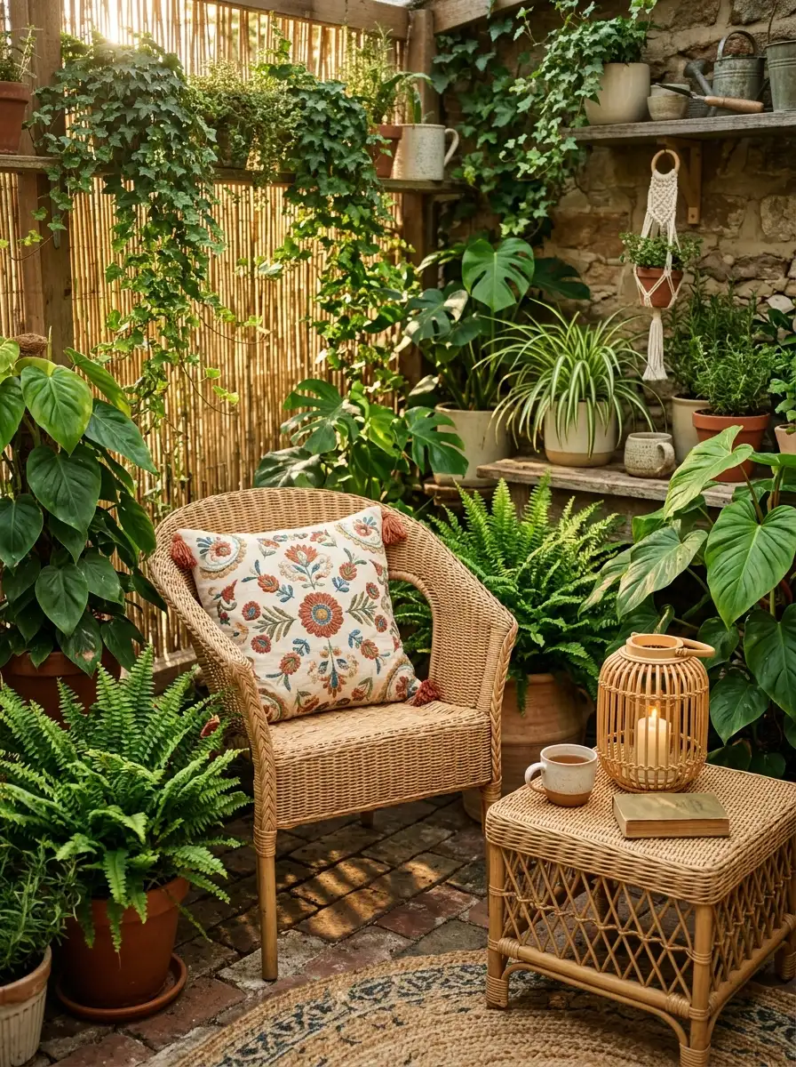 Natural wicker armchair with linen cushion surrounded by ferns and potted plants in a bohemian outdoor garden corner