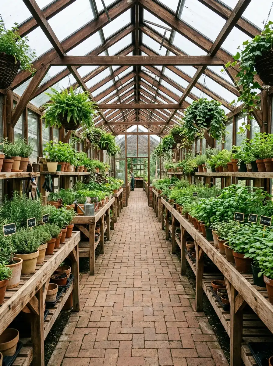 Wide central brick pathway greenhouse layout with timber benches, herb pots and natural daylight inside a home greenhouse