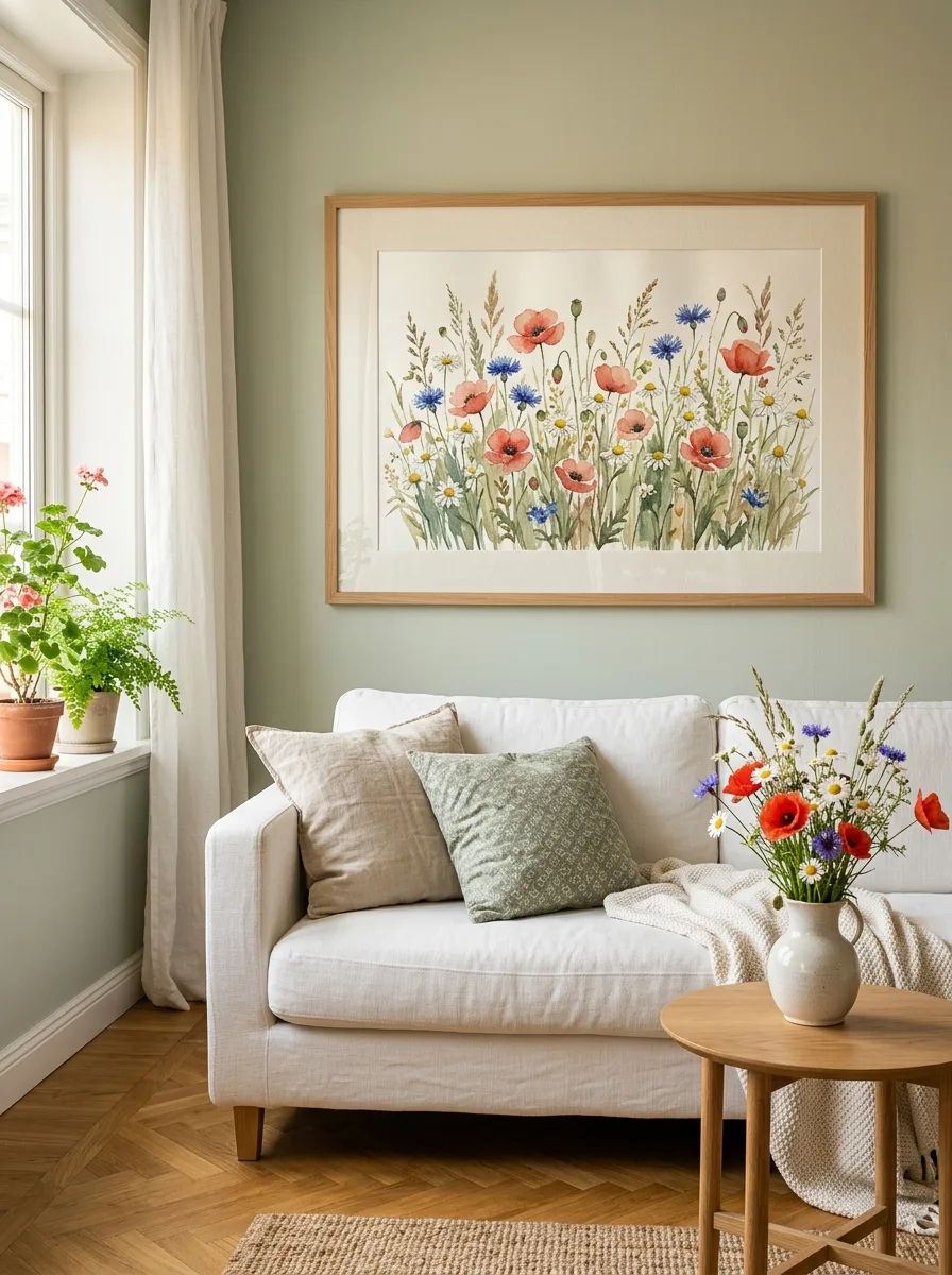 Neutral living room with white sofa, botanical wildflower artwork, sage green wall, and vase of fresh flowers.