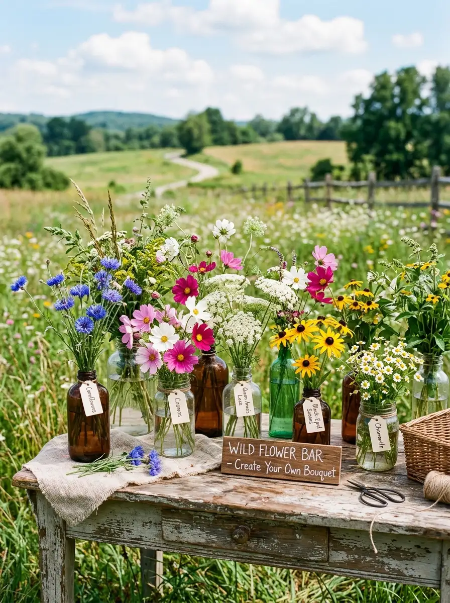 Wildflower bloom bar ideas with cornflowers and cosmos in vintage glass bottles on a distressed wood table outdoors