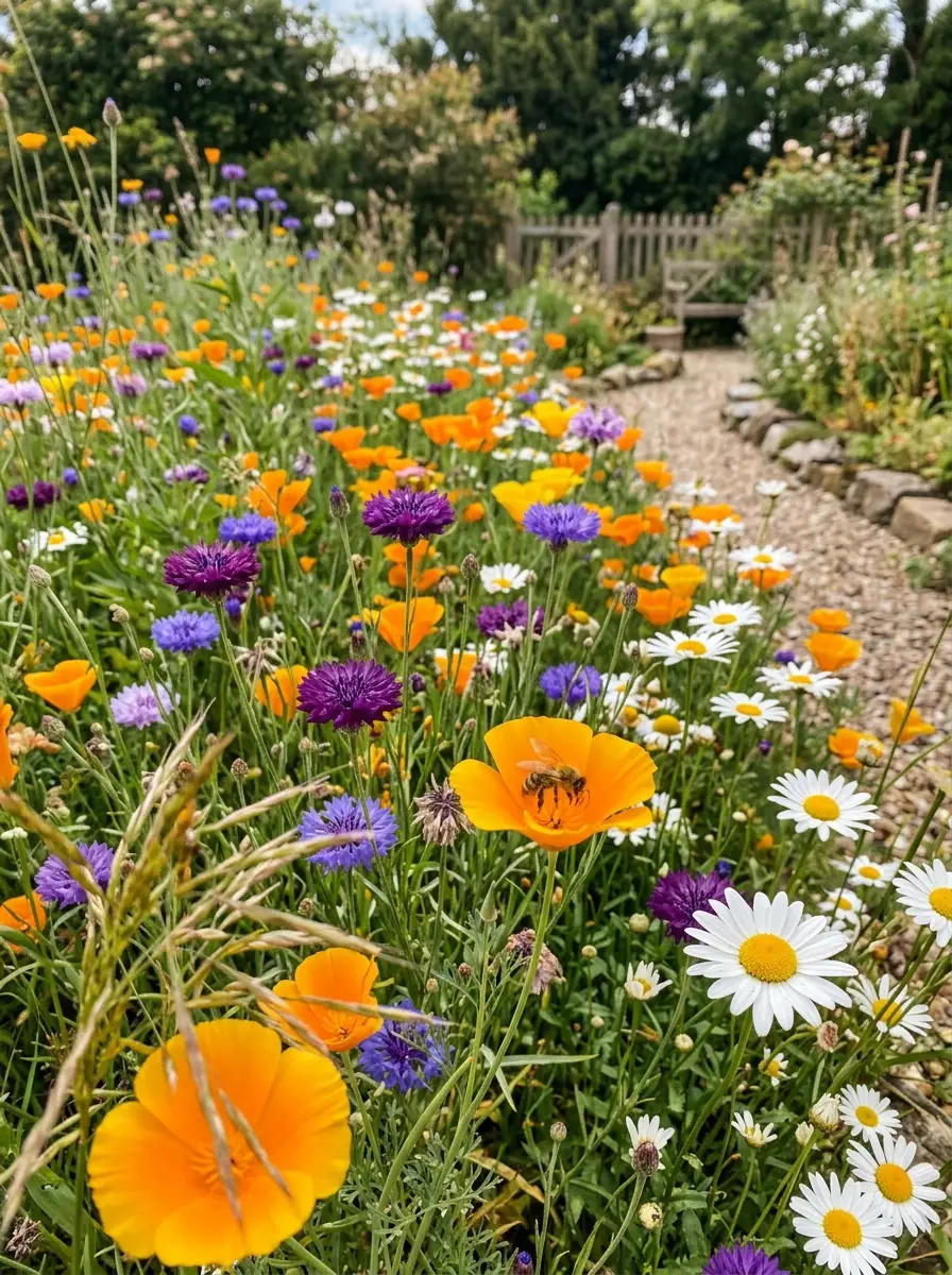 Dense wildflower patch with poppies, daisies, and bachelor buttons in vivid colors along a garden path for boho garden ideas