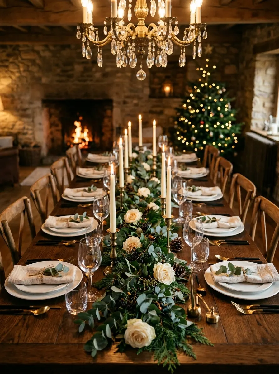 Rustic dining table styled with evergreen garlands, white roses, brass candlesticks, and holiday lighting.