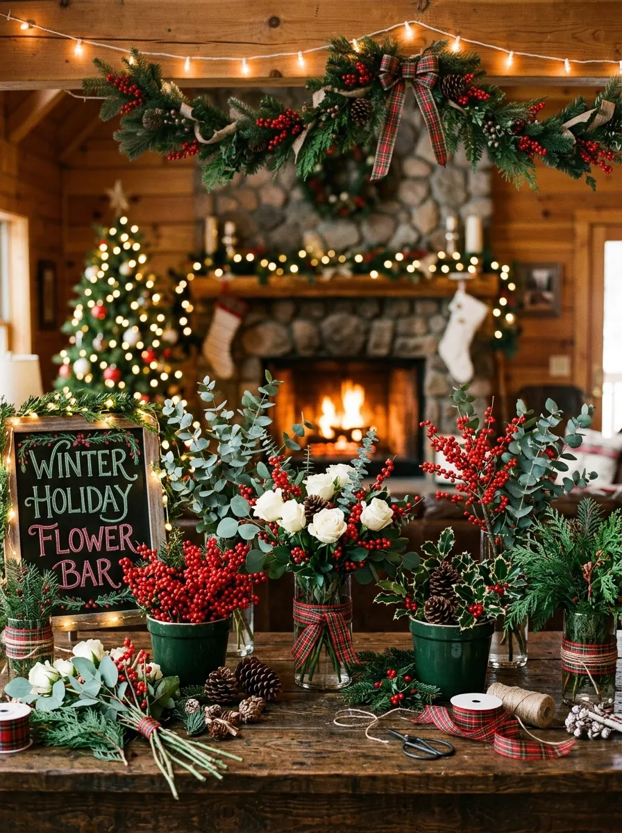 Winter flower bar ideas with red berries, white roses, and holly in green ceramic pots under warm holiday lighting