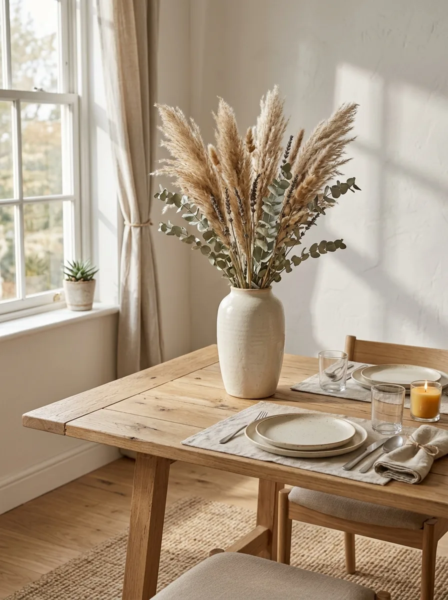 Light wood dining table styled with a ceramic vase of pampas grass, neutral tableware, and soft natural window light.