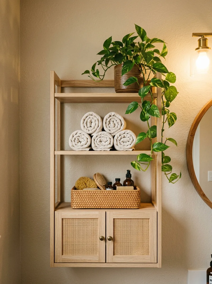 Wall-mounted rattan and wood bathroom shelf with cream towels and brown ceramic pot in a warm bathroom