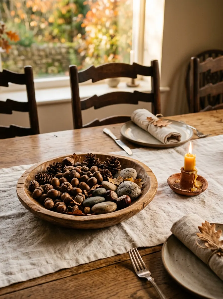 Dining table centerpiece featuring acorns, pinecones, stones, candlelight, and neutral linen table styling.