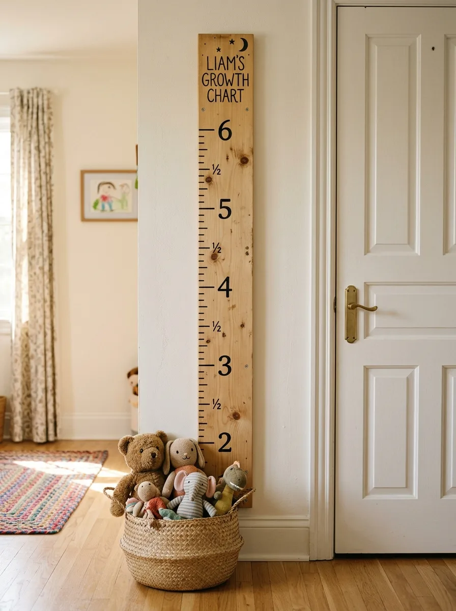Natural pine wood growth chart ruler with painted measurement marks beside a door in a warm kids bedroom